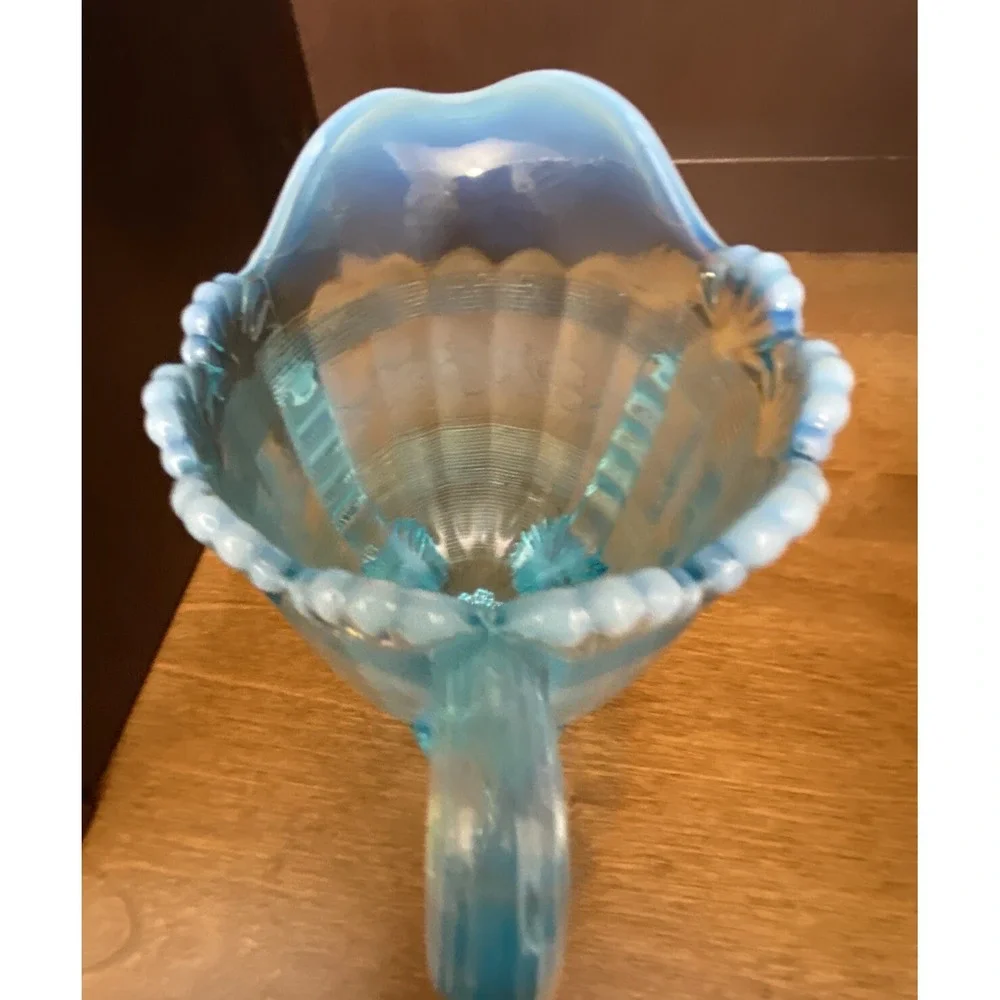 Antique Northwood Klondyke Fluted Scrolls Blue Opalescent Creamer/Pitcher 5